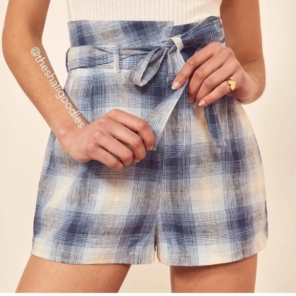 REFORMATION Rossi paper bag Shorts Blue Plaid 100% Linen not original belt - Picture 2 of 16